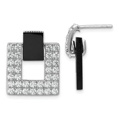 QE18050 Sterling Silver Rhodium-plated Polished CZ  and Black Agate Square Dangle Mis-Matched Post Earrings
