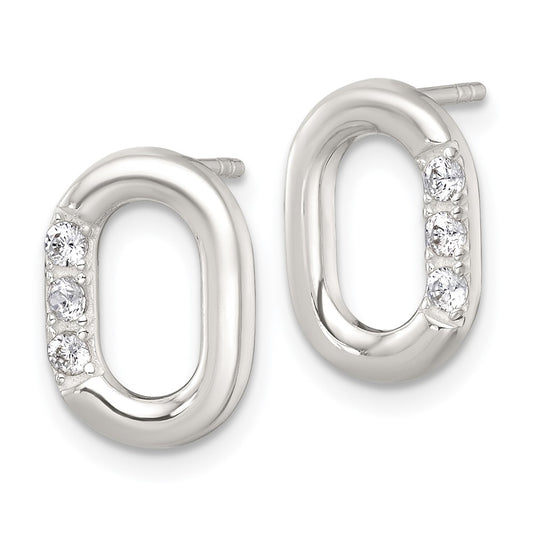 QE18057 Sterling Silver Polished CZ Oval Post Earrings