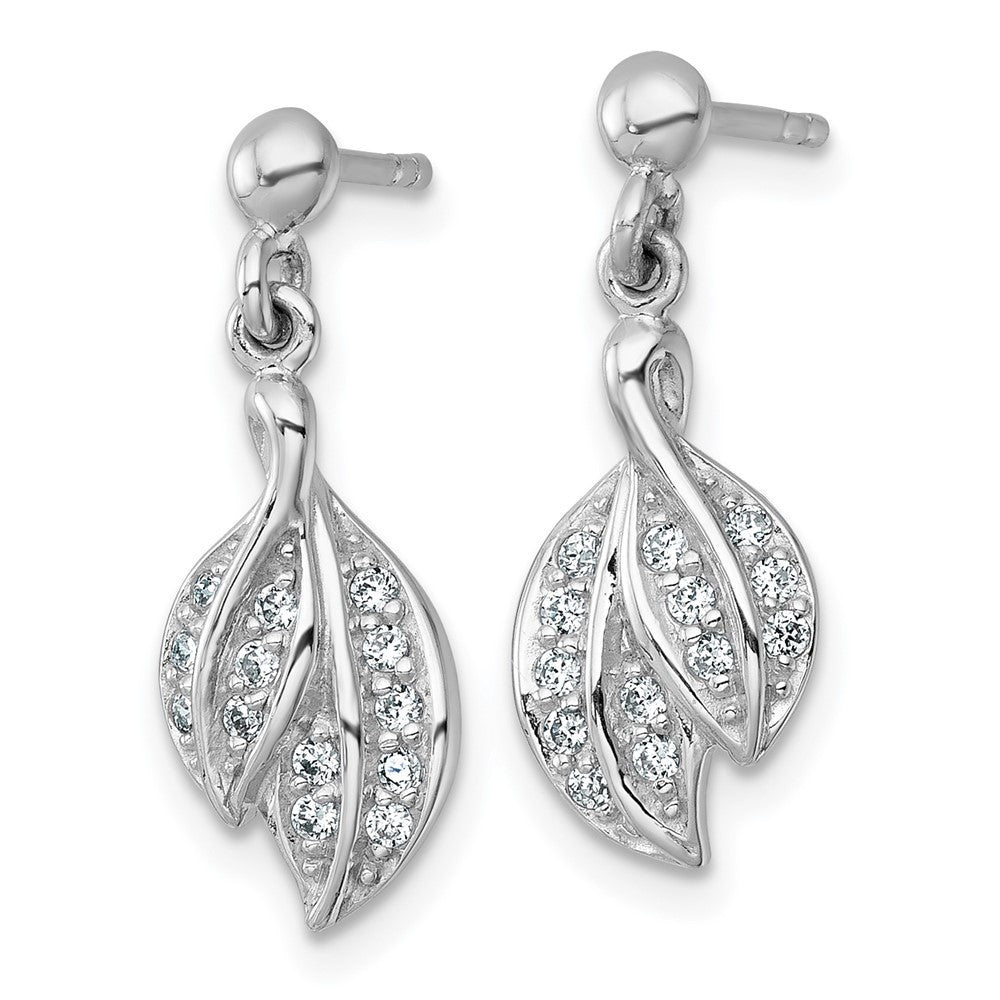 QE18058 Sterling Silver Rhodium-plated Polished CZ Leaf Dangle Post Earrings
