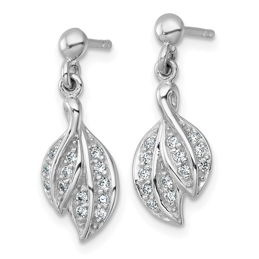QE18058 Sterling Silver Rhodium-plated Polished CZ Leaf Dangle Post Earrings
