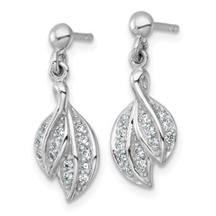 QE18058 Sterling Silver Rhodium-plated Polished CZ Leaf Dangle Post Earrings