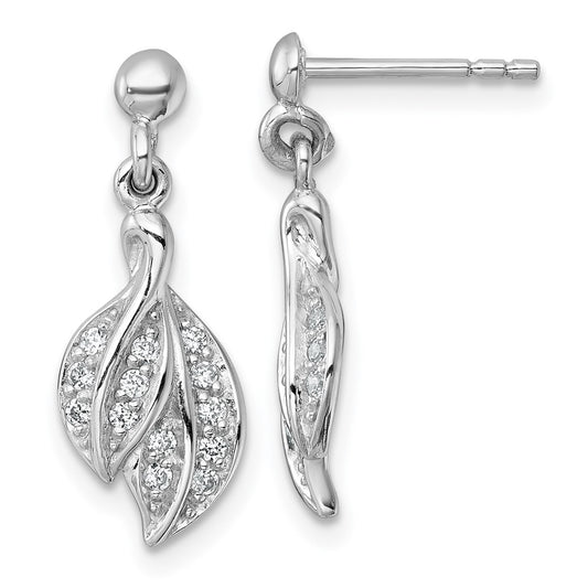 QE18058 Sterling Silver Rhodium-plated Polished CZ Leaf Dangle Post Earrings