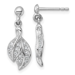QE18058 Sterling Silver Rhodium-plated Polished CZ Leaf Dangle Post Earrings