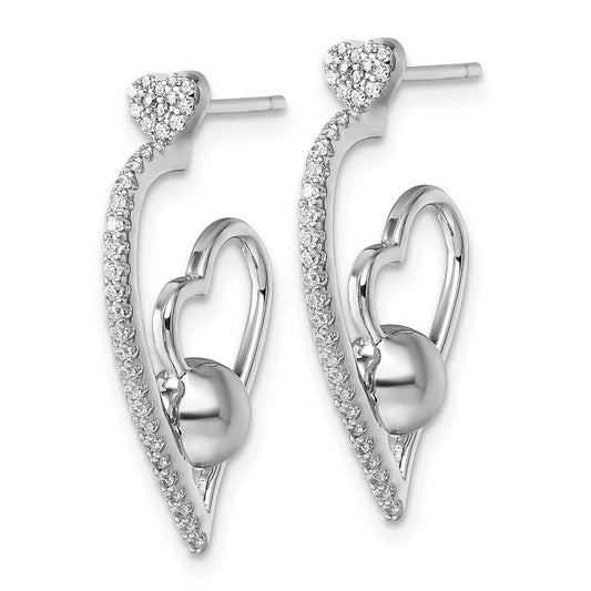 QE18059 Sterling Silver Rhodium-plated CZ Polished Heart and Bead Post Earrings