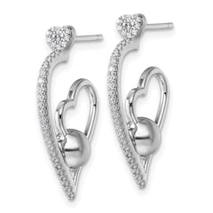 QE18059 Sterling Silver Rhodium-plated CZ Polished Heart and Bead Post Earrings