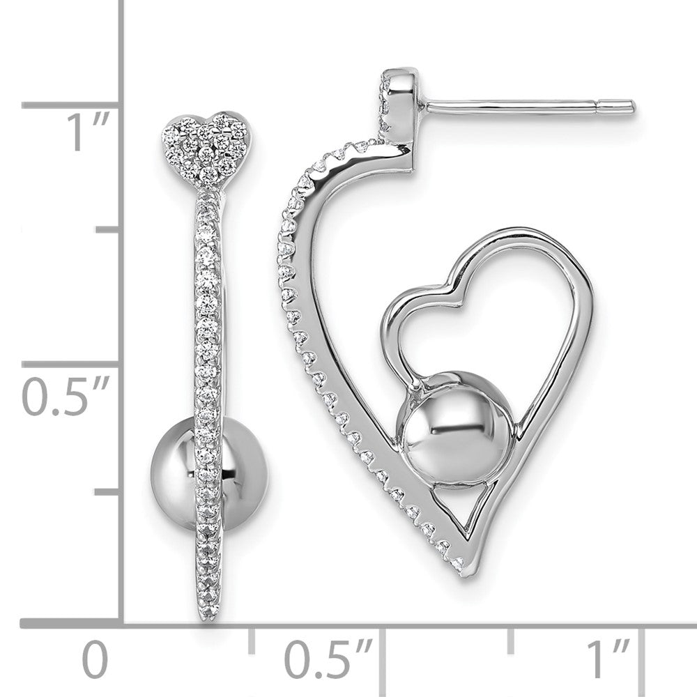 QE18059 Sterling Silver Rhodium-plated CZ Polished Heart and Bead Post Earrings