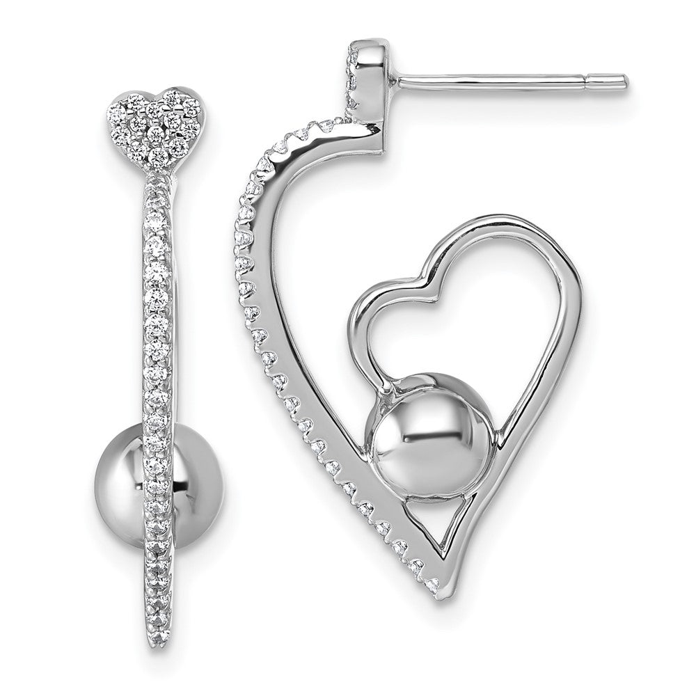 QE18059 Sterling Silver Rhodium-plated CZ Polished Heart and Bead Post Earrings