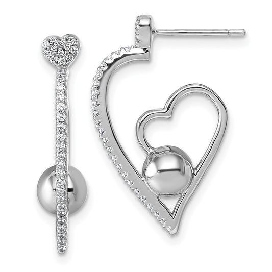 QE18059 Sterling Silver Rhodium-plated CZ Polished Heart and Bead Post Earrings