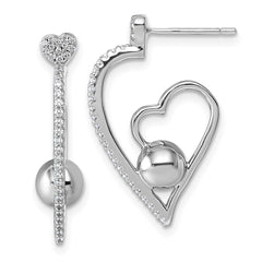 QE18059 Sterling Silver Rhodium-plated CZ Polished Heart and Bead Post Earrings