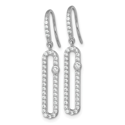 QE18060 Sterling Silver Rhodium-plated Polished CZ Elongated Link Dangle Shepherd Hook Earrings