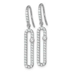 QE18060 Sterling Silver Rhodium-plated Polished CZ Elongated Link Dangle Shepherd Hook Earrings