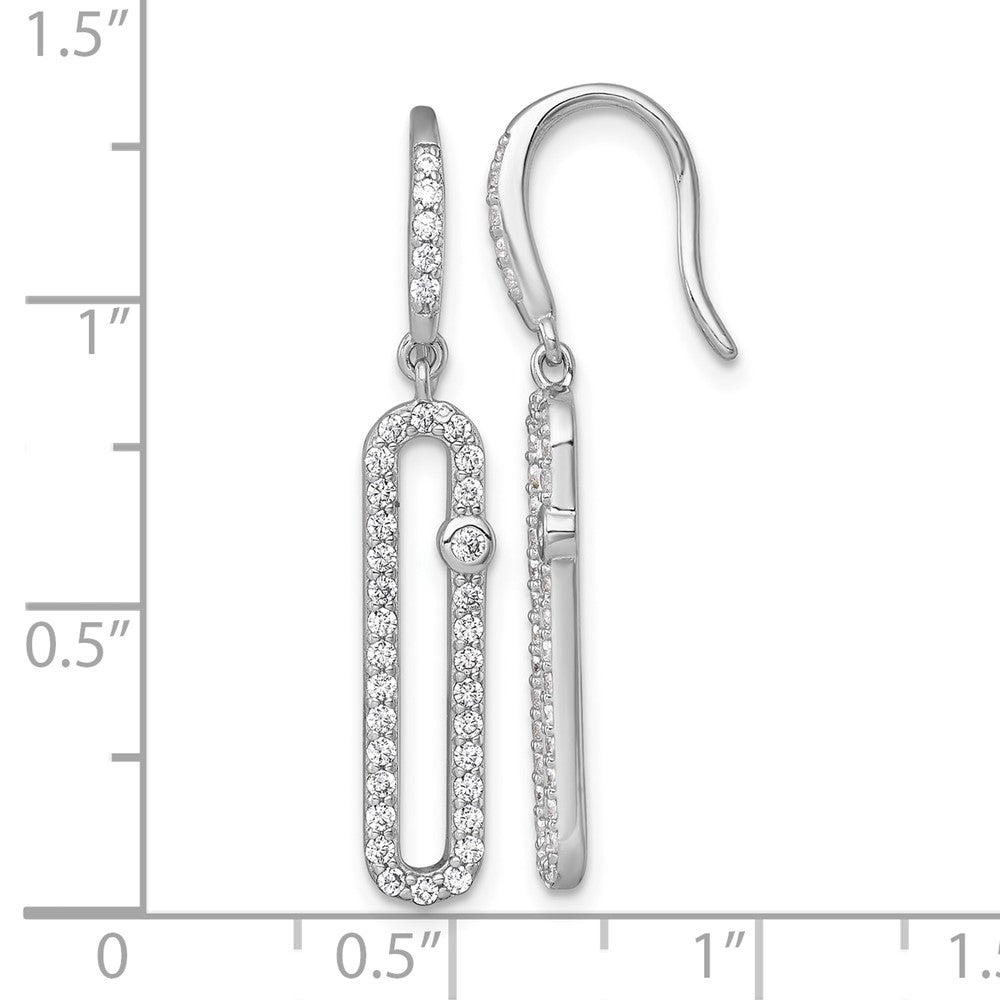 QE18060 Sterling Silver Rhodium-plated Polished CZ Elongated Link Dangle Shepherd Hook Earrings