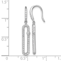 QE18060 Sterling Silver Rhodium-plated Polished CZ Elongated Link Dangle Shepherd Hook Earrings