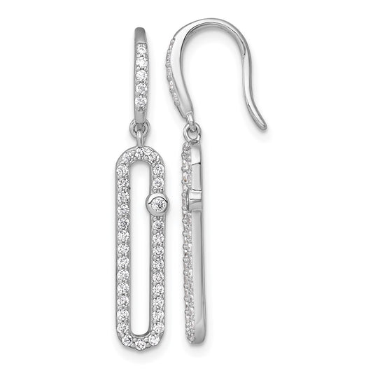 QE18060 Sterling Silver Rhodium-plated Polished CZ Elongated Link Dangle Shepherd Hook Earrings