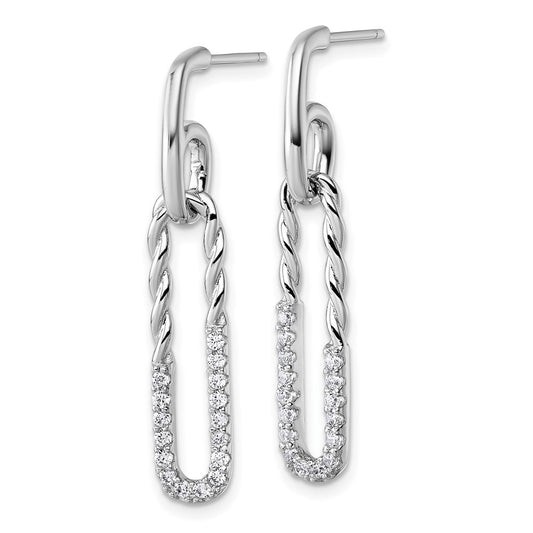 QE18061 Sterling Silver Rhodium-plated CZ Polished Twisted Paper Clip Dangle Post Earrings