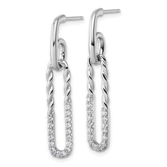 QE18061 Sterling Silver Rhodium-plated CZ Polished Twisted Paper Clip Dangle Post Earrings
