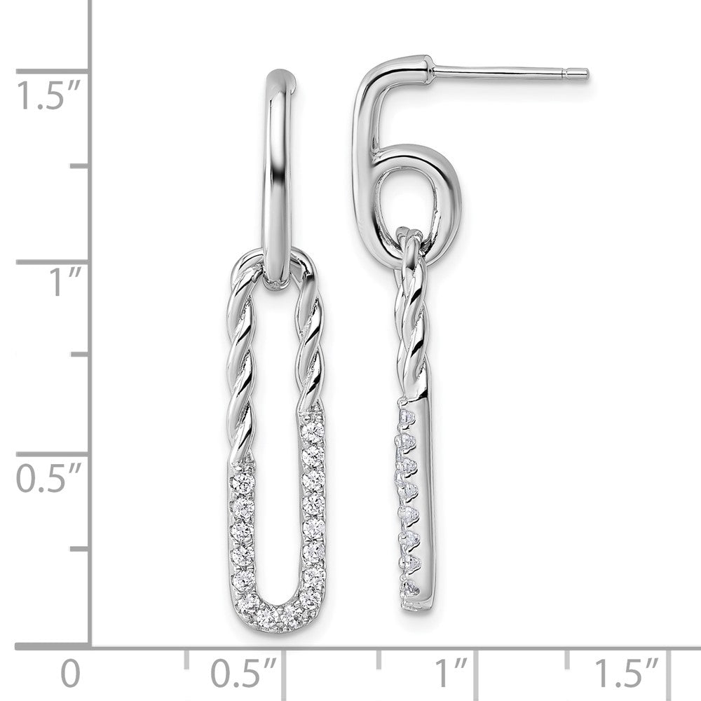 QE18061 Sterling Silver Rhodium-plated CZ Polished Twisted Paper Clip Dangle Post Earrings