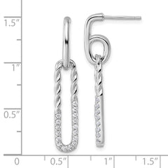QE18061 Sterling Silver Rhodium-plated CZ Polished Twisted Paper Clip Dangle Post Earrings