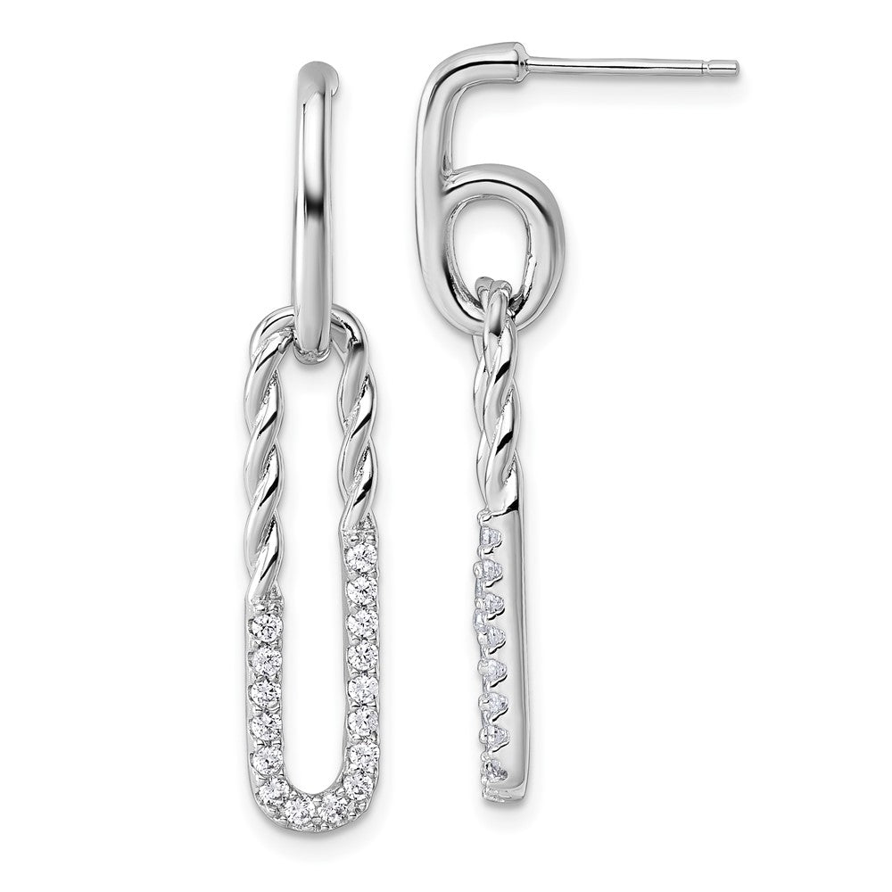 QE18061 Sterling Silver Rhodium-plated CZ Polished Twisted Paper Clip Dangle Post Earrings