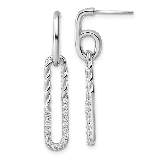 QE18061 Sterling Silver Rhodium-plated CZ Polished Twisted Paper Clip Dangle Post Earrings