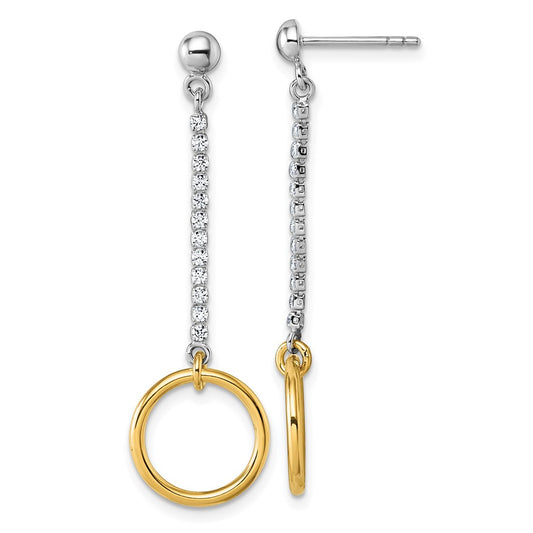 QE18063 Sterling Silver Rhodium and Gold-plated CZ Circle Dangle Post Earrings