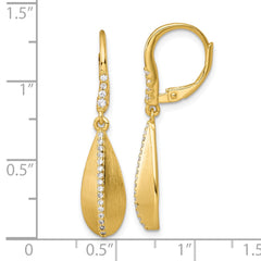 QE18064GP Sterling Silver Gold-tone Polished and Brushed CZ Teardrop Leverback Dangle Earrings