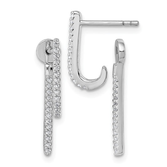 QE18065 Sterling Silver Rhodium-plated CZ Front and Back Dangle J-Hoop Post Earrings