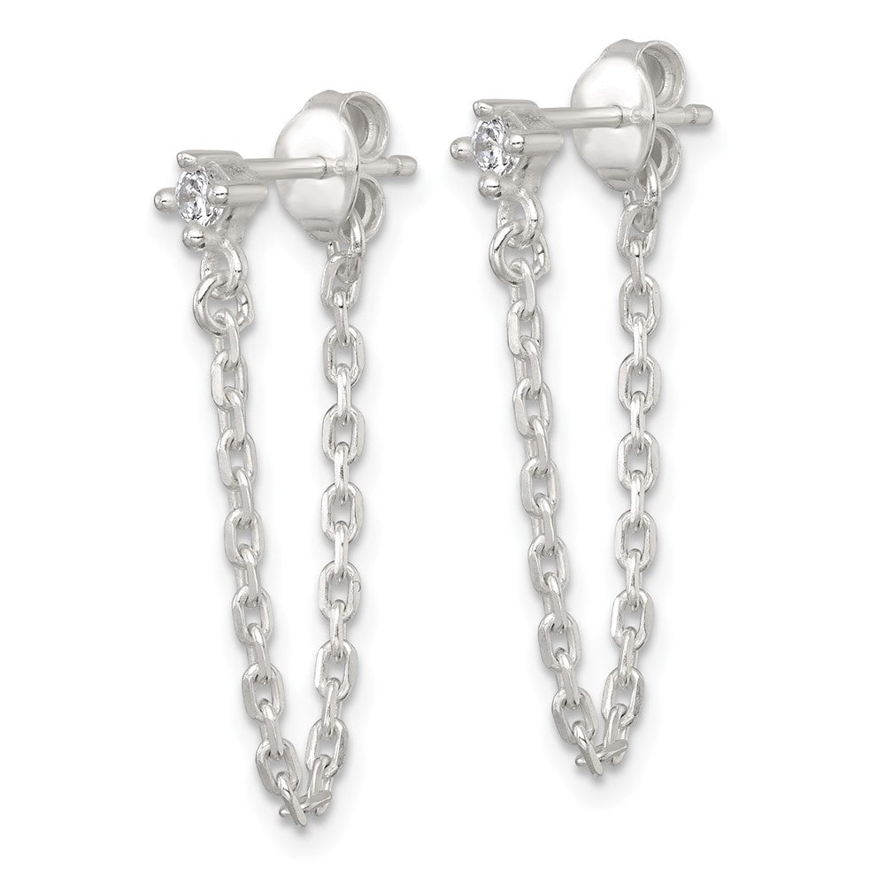 QE18067 Sterling Silver Polished White CZ Dangling Chain Post Earrings