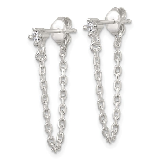QE18067 Sterling Silver Polished White CZ Dangling Chain Post Earrings