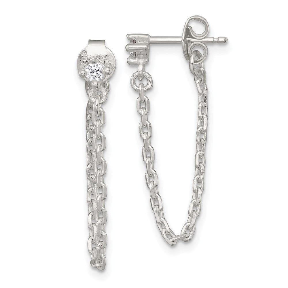 QE18067 Sterling Silver Polished White CZ Dangling Chain Post Earrings