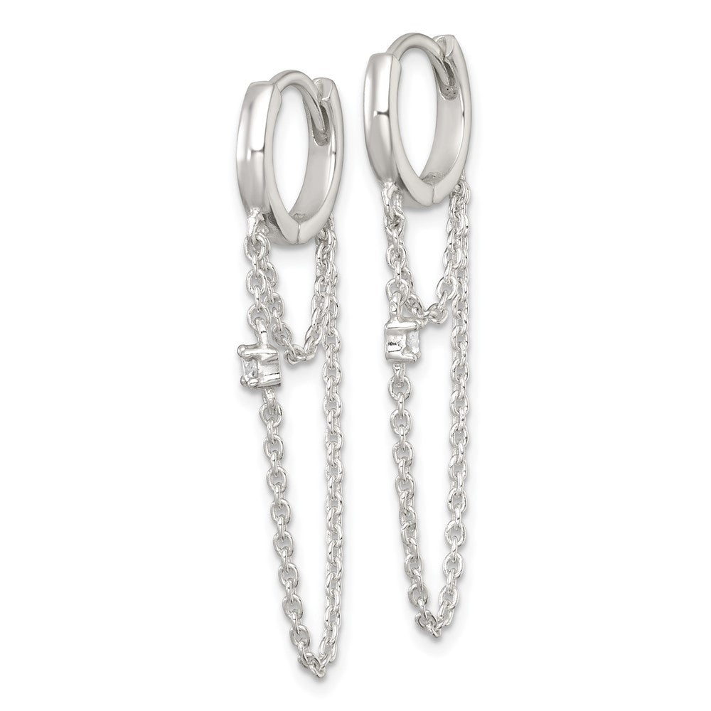 QE18068 Sterling Silver Polished White CZ Dangling Chain Round Hinged Hoop Earrings