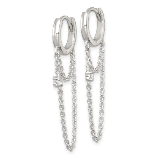 QE18068 Sterling Silver Polished White CZ Dangling Chain Round Hinged Hoop Earrings