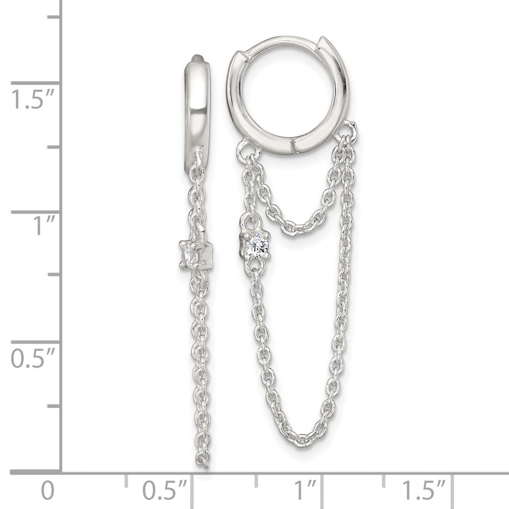 QE18068 Sterling Silver Polished White CZ Dangling Chain Round Hinged Hoop Earrings