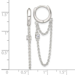 QE18068 Sterling Silver Polished White CZ Dangling Chain Round Hinged Hoop Earrings