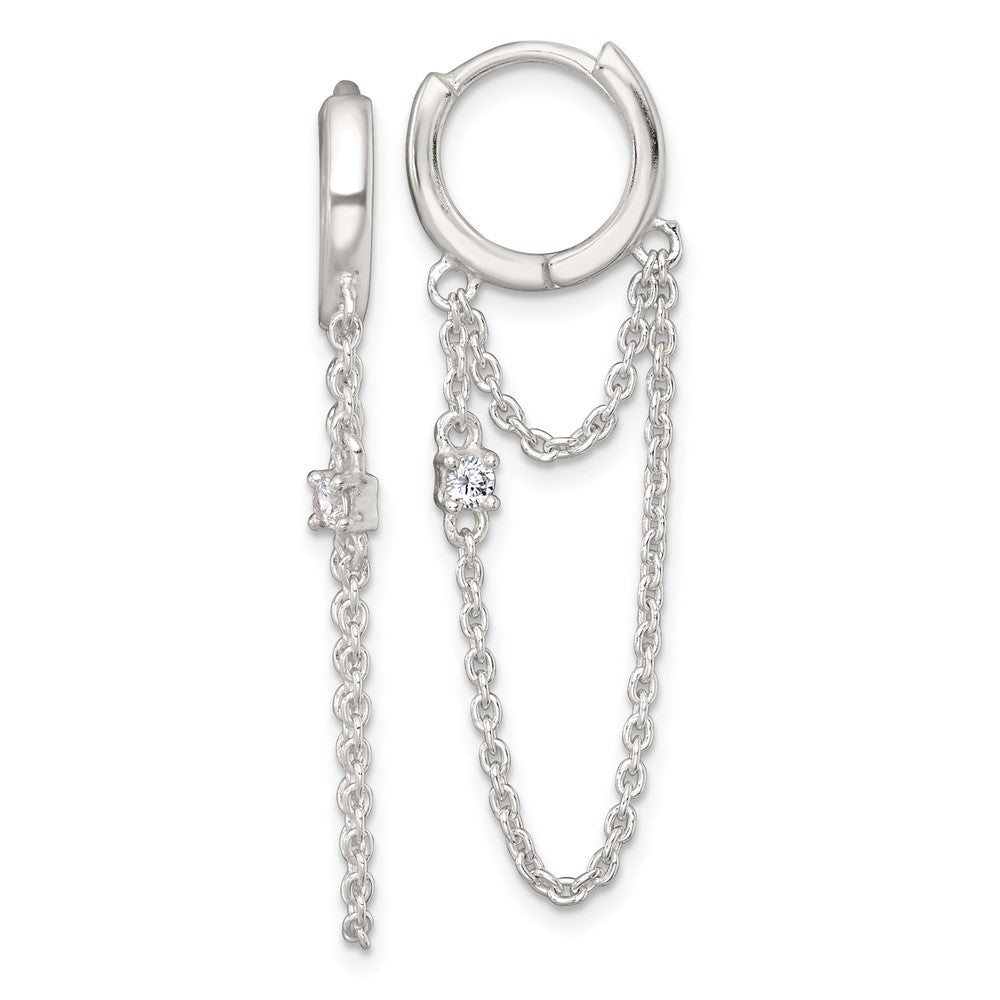 QE18068 Sterling Silver Polished White CZ Dangling Chain Round Hinged Hoop Earrings