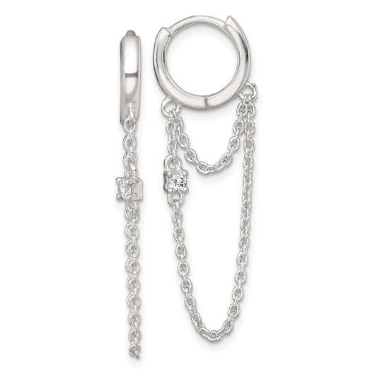 QE18068 Sterling Silver Polished White CZ Dangling Chain Round Hinged Hoop Earrings