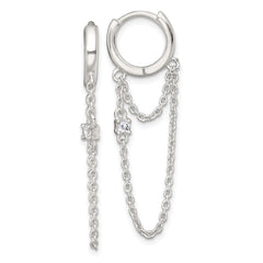 QE18068 Sterling Silver Polished White CZ Dangling Chain Round Hinged Hoop Earrings