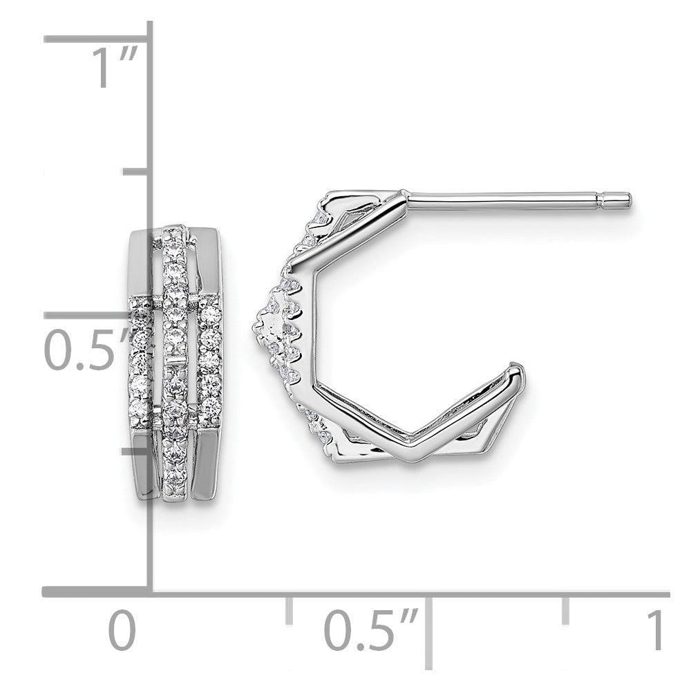 QE18069 Sterling Silver Rhodium-plated CZ 3-Row Polished J-Hoop Post Earrings