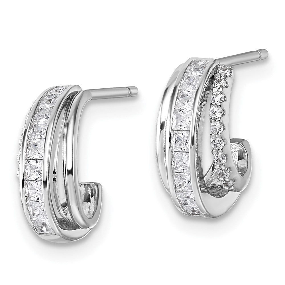 QE18072 Sterling Silver Rhodium-plated CZ 3-Row Polished J-Hoop Post Earrings