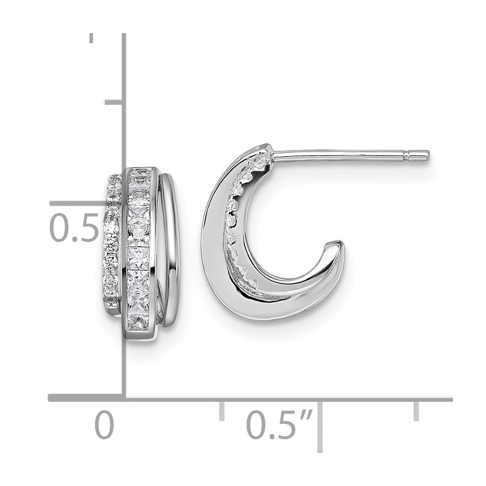 QE18072 Sterling Silver Rhodium-plated CZ 3-Row Polished J-Hoop Post Earrings