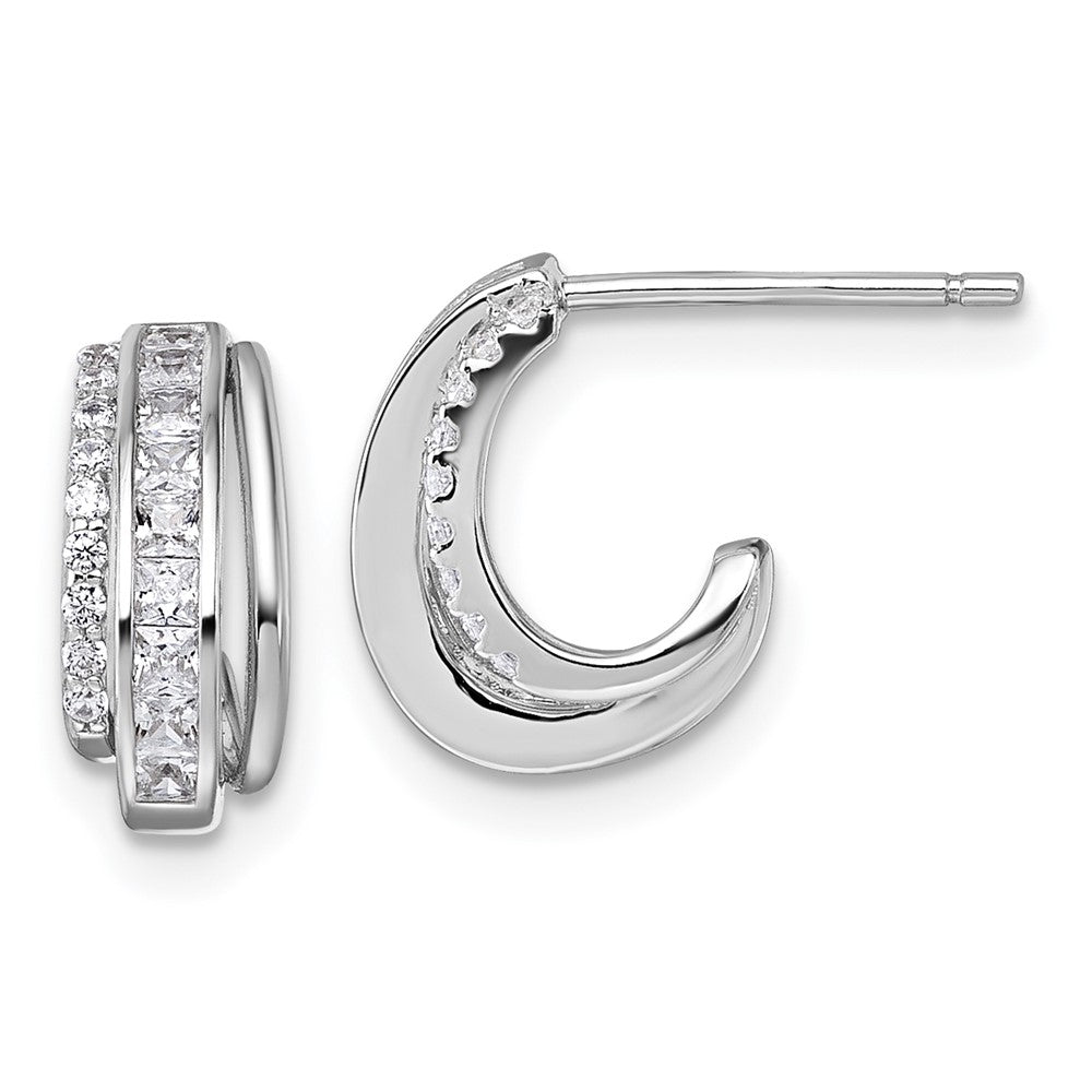 QE18072 Sterling Silver Rhodium-plated CZ 3-Row Polished J-Hoop Post Earrings