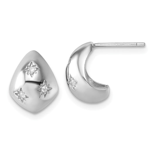 QE18074 Sterling Silver Rhodium-plated CZ Polished Star Post J-Hoop Earrings