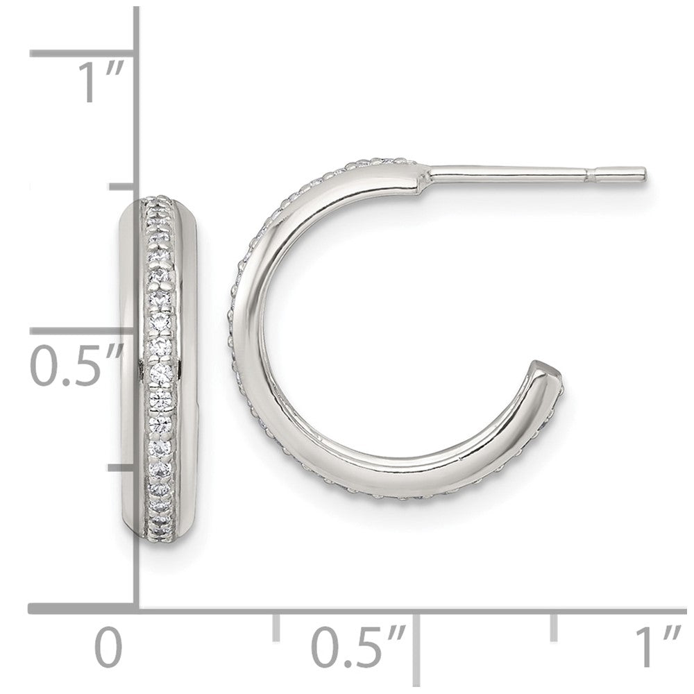 QE18075 Sterling Silver Polished 16x3.5mm CZ Post C-Hoop Earrings