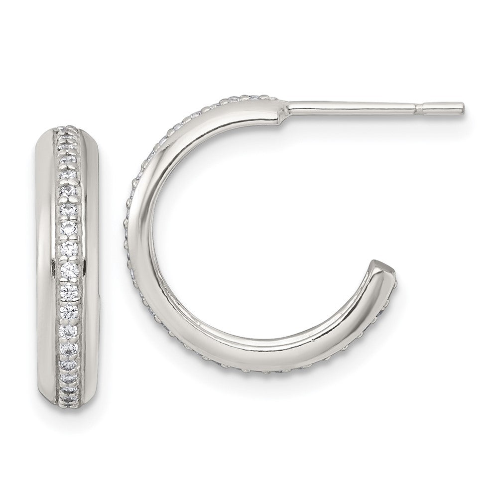QE18075 Sterling Silver Polished 16x3.5mm CZ Post C-Hoop Earrings