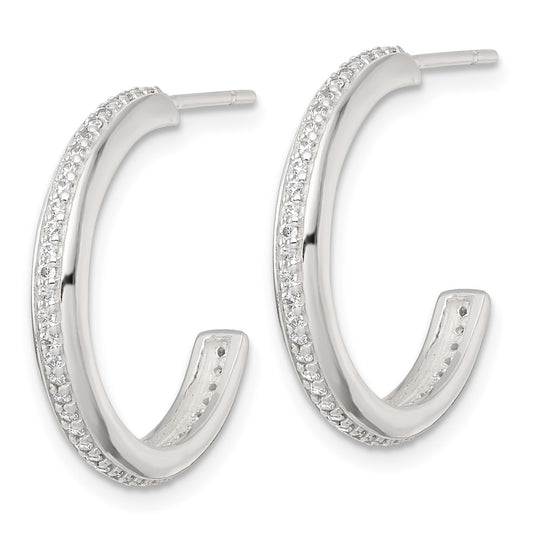 QE18076 Sterling Silver Polished 21.5x3.5mm CZ Post C-Hoop Earrings
