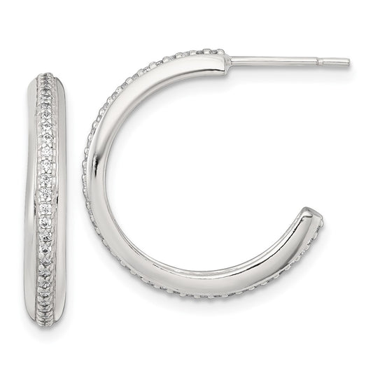 QE18076 Sterling Silver Polished 21.5x3.5mm CZ Post C-Hoop Earrings