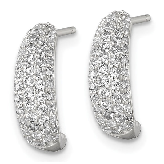 QE18078 Sterling Silver Polished Pave CZ Post J-Hoop Earrings