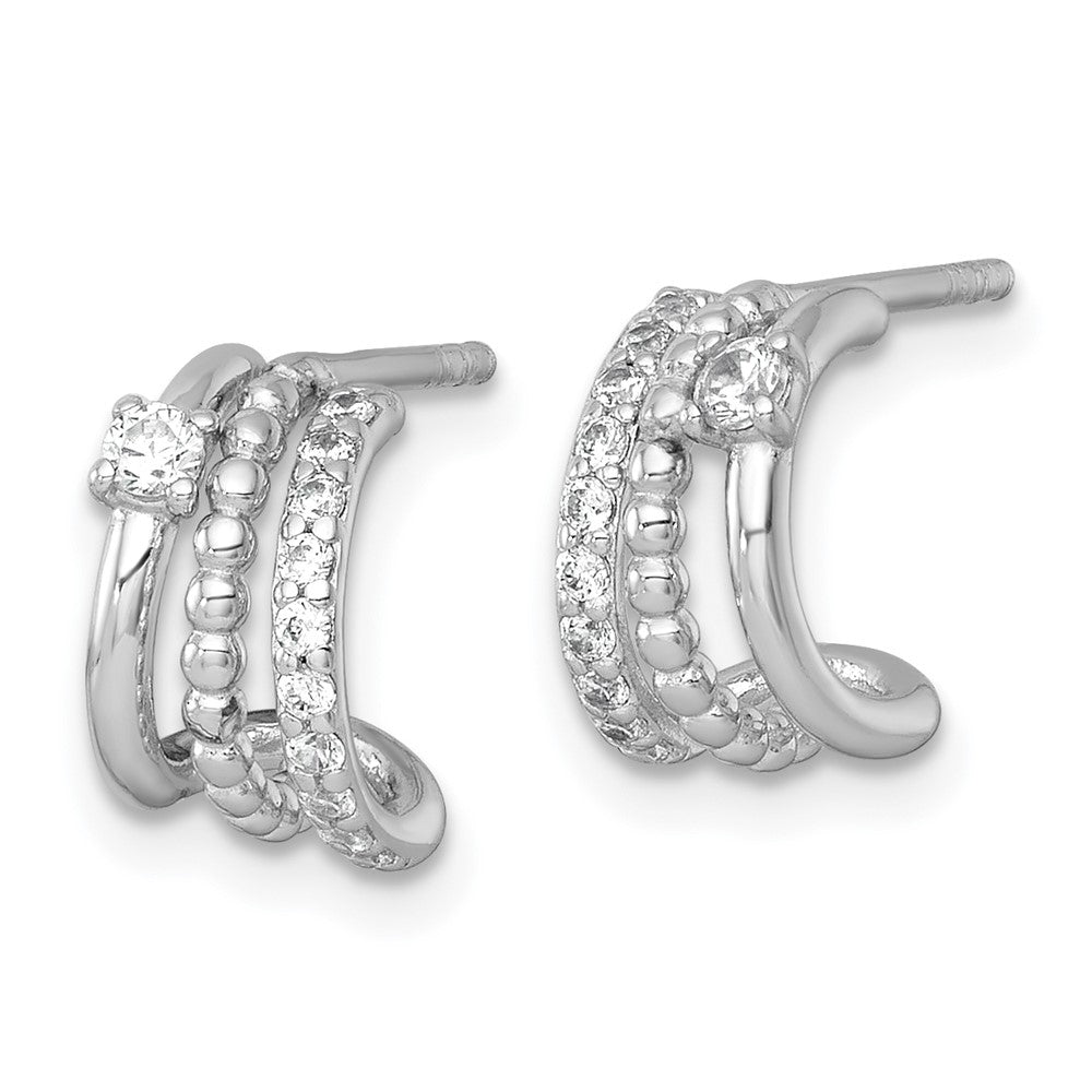 QE18082 Sterling Silver Rhodium-plated Polished Beaded CZ Post C-Hoop Earrings