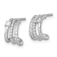 QE18082 Sterling Silver Rhodium-plated Polished Beaded CZ Post C-Hoop Earrings