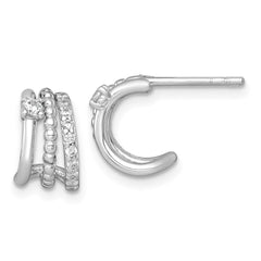 QE18082 Sterling Silver Rhodium-plated Polished Beaded CZ Post C-Hoop Earrings